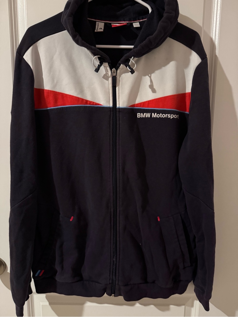 Men’s Navy zip-Up Hoodie Jacket with Red & White Panels